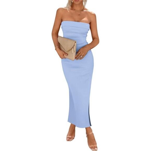 Womens Summer Bodycon Maxi Tube Dress Ribbed Strapless Side Slit Long Going Out